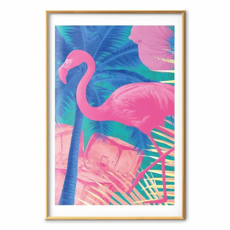 Plakat - Różowy Flaming - Abstrakcyjny Flaming na Tle Palm i Kostek Lodu