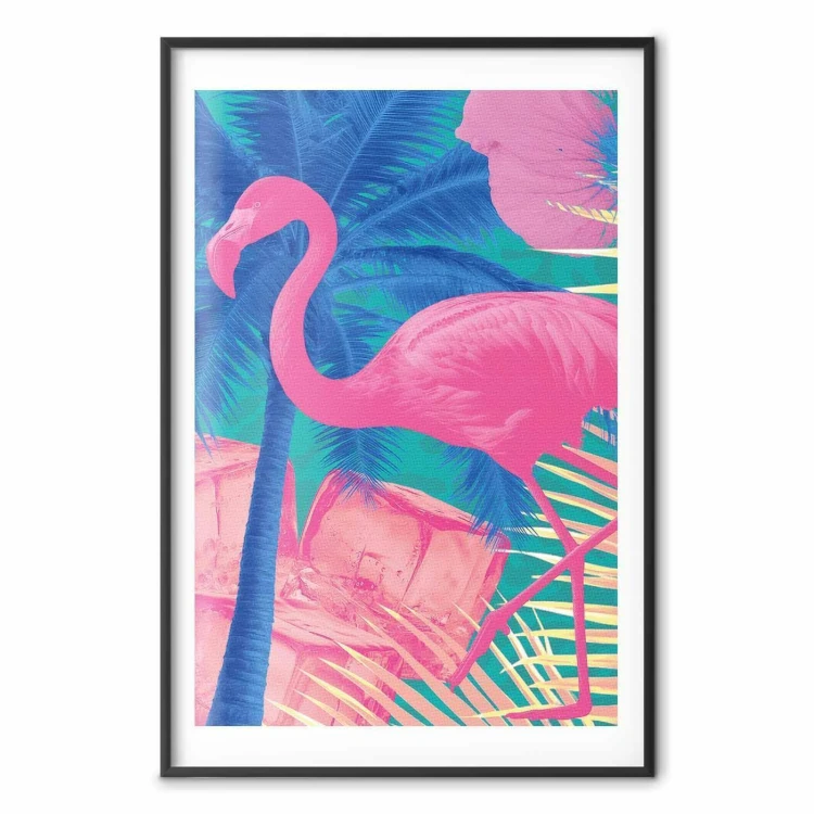 Plakat - Różowy Flaming - Abstrakcyjny Flaming na Tle Palm i Kostek Lodu