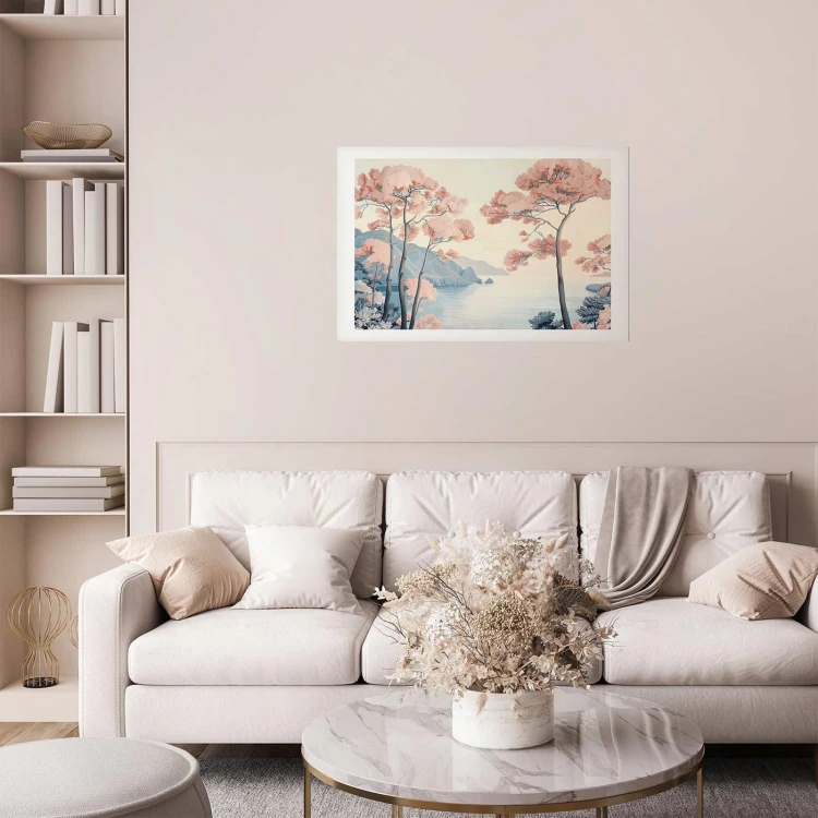 Plakat - Ocean klify i drzewa delikatny motyw w pastelowych kolorach