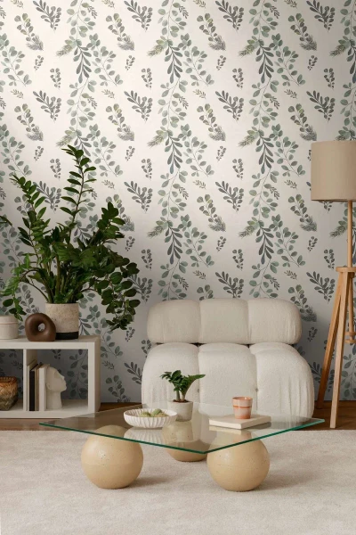 Tapeta 78221-1 A.S. Creation Anna D'Andrea naturalna tapeta na flizelinie z delikatnym wzorem liści i gałęzi, równomierna struktura – beż, zieleń aranżacja