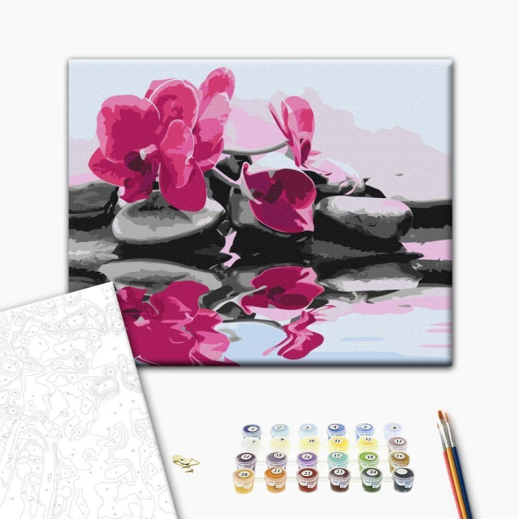 Obraz do samodzielnego malowania - Orchidea i kamienie zen w lustrze wody