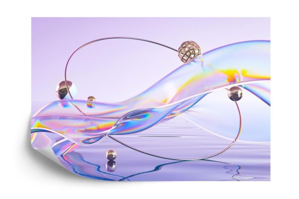 Fototapeta Abstract 3D Render. Glass Ribbon On Water With Geometric Circle And Spheres. Holographic Shape In Motion. Iridescent Digital Art For Banner Background  Wallpaper. Transparent Glossy Design Element.