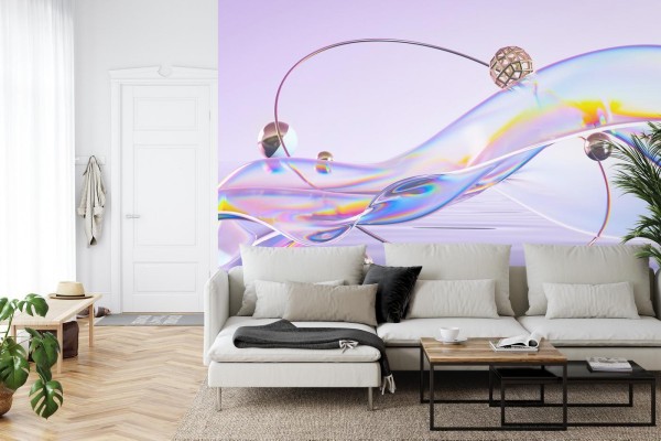 Fototapeta Abstract 3D Render. Glass Ribbon On Water With Geometric Circle And Spheres. Holographic Shape In Motion. Iridescent Digital Art For Banner Background  Wallpaper. Transparent Glossy Design Element.