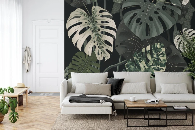 Fototapeta 4K Resolution Or Higher  Botanical Maximalism  High Contrast Leaves Pattern. Generative Ai Technology