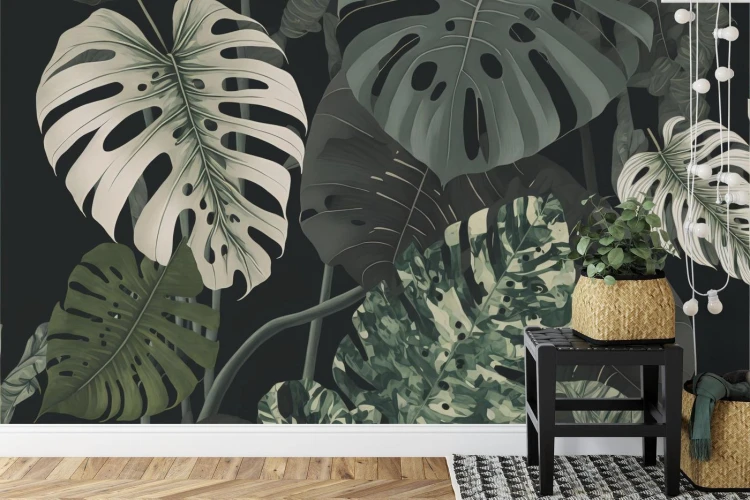 Fototapeta 4K Resolution Or Higher  Botanical Maximalism  High Contrast Leaves Pattern. Generative Ai Technology