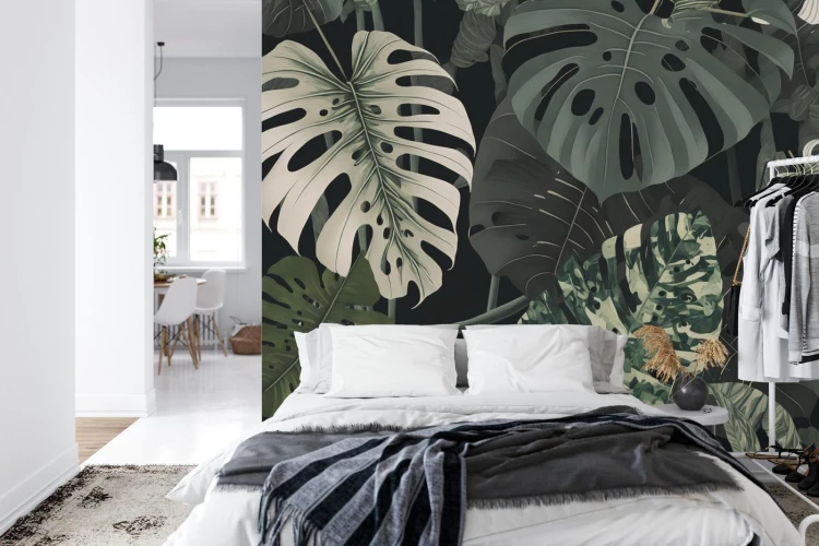 Fototapeta 4K Resolution Or Higher  Botanical Maximalism  High Contrast Leaves Pattern. Generative Ai Technology