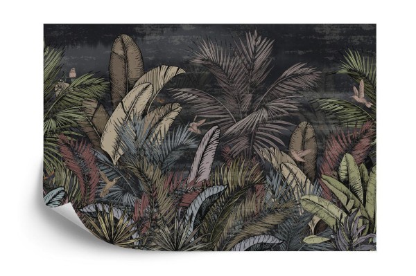 Fototapeta Pattern Wallpaper Jungle Tropical Drawings Of Palms Trees And Birds Of Different Colors With Birds And Black Background