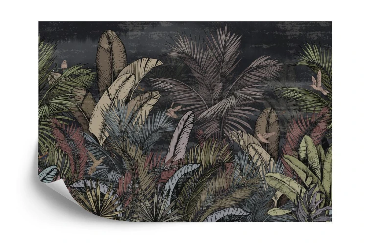 Fototapeta Pattern Wallpaper Jungle Tropical Drawings Of Palms Trees And Birds Of Different Colors With Birds And Black Background