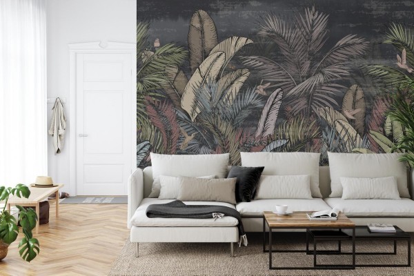 Fototapeta Pattern Wallpaper Jungle Tropical Drawings Of Palms Trees And Birds Of Different Colors With Birds And Black Background