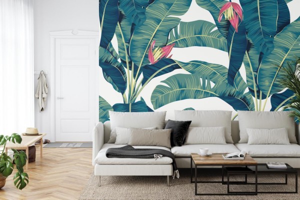 Fototapeta Botanical Seamless Pattern  Hand Drawn Banana Tree On Bright Grey