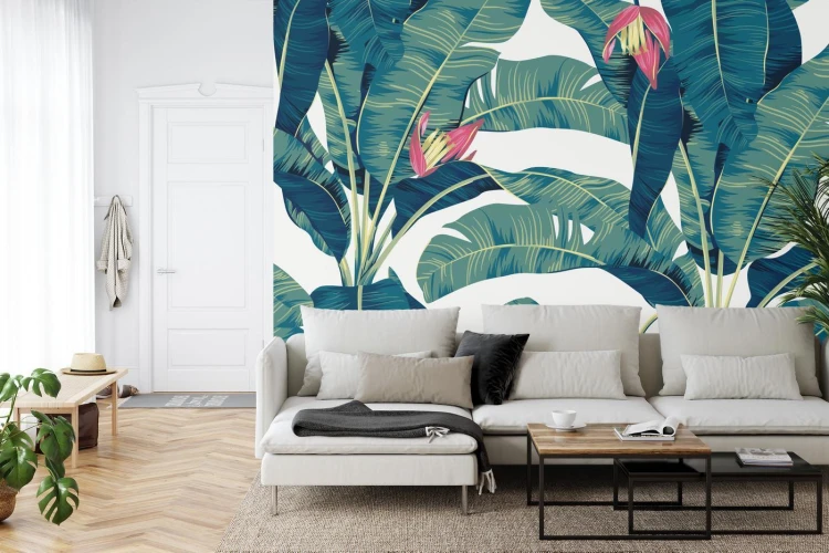 Fototapeta Botanical Seamless Pattern  Hand Drawn Banana Tree On Bright Grey