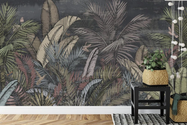 Fototapeta Pattern Wallpaper Jungle Tropical Drawings Of Palms Trees And Birds Of Different Colors With Birds And Black Background