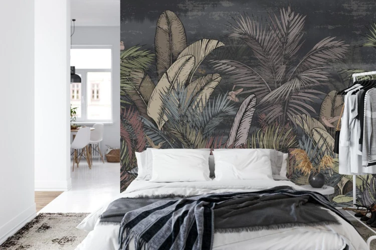 Fototapeta Pattern Wallpaper Jungle Tropical Drawings Of Palms Trees And Birds Of Different Colors With Birds And Black Background