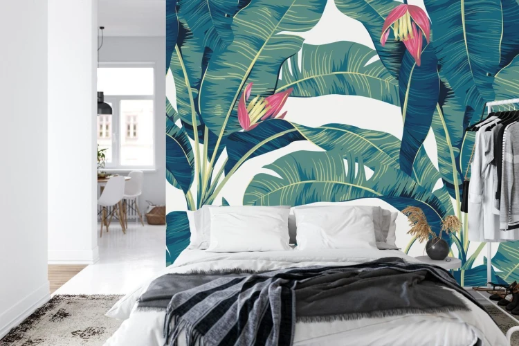 Fototapeta Botanical Seamless Pattern  Hand Drawn Banana Tree On Bright Grey