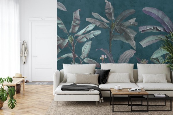 Fototapeta Tropical Trees Wallpaper Design  Banana Trees And Plants  Dark Background  Pattern Design  Mural Art.