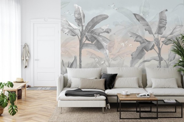 Fototapeta Banana Tree Wallpaper Design With Pastel Tones  Tropical Landscape  Mural Art.