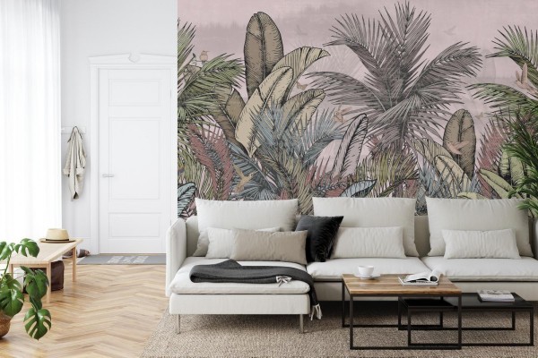 Fototapeta Pattern Wallpaper Jungle Tropical Drawings Of Palms Trees And Birds Of Different Colors With Birds And Pink Background