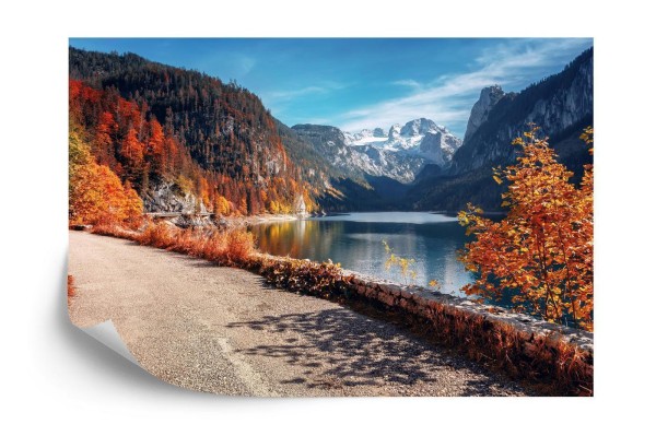 Fototapeta Beautiful Landscape Mountain Forest Lake. Amazing Autumn View Of Grundlsee Alpine Lake. Great Autumn Background For Design. Colorful Scenery In Alps. Popular Travel And Hiking Destination.