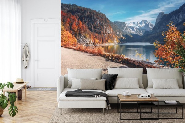 Fototapeta Beautiful Landscape Mountain Forest Lake. Amazing Autumn View Of Grundlsee Alpine Lake. Great Autumn Background For Design. Colorful Scenery In Alps. Popular Travel And Hiking Destination.