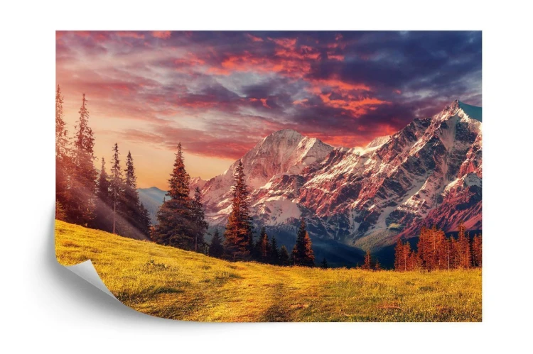 Fototapeta Awesome Alpine Highlands In Sunny Day. Scenic Image Of Fairy-Tale Landscape With Colorful Sky Under Sunlit  Over The Majestic Rock Mountains. Wild Area. Megical Natural Background. Creative Image