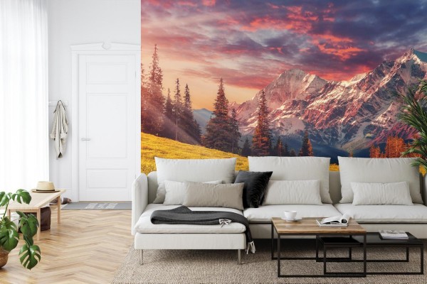 Fototapeta Awesome Alpine Highlands In Sunny Day. Scenic Image Of Fairy-Tale Landscape With Colorful Sky Under Sunlit  Over The Majestic Rock Mountains. Wild Area. Megical Natural Background. Creative Image
