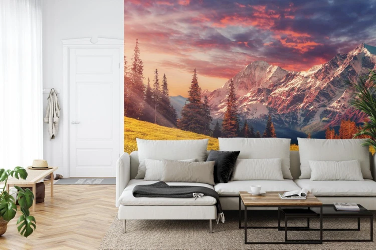 Fototapeta Awesome Alpine Highlands In Sunny Day. Scenic Image Of Fairy-Tale Landscape With Colorful Sky Under Sunlit  Over The Majestic Rock Mountains. Wild Area. Megical Natural Background. Creative Image