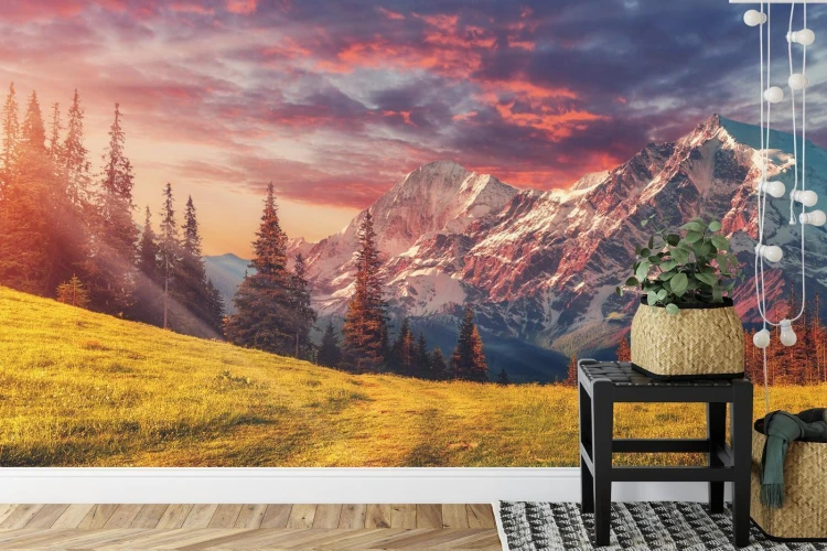 Fototapeta Awesome Alpine Highlands In Sunny Day. Scenic Image Of Fairy-Tale Landscape With Colorful Sky Under Sunlit  Over The Majestic Rock Mountains. Wild Area. Megical Natural Background. Creative Image