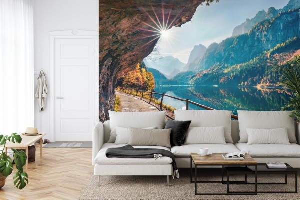 Fototapeta Sunny Autumn Scene Of Vorderer ( Gosausee ) Lake. Colorful Morning View Of Austrian Alps  Upper Austria  Europe. Beauty Of Nature Concept Background.