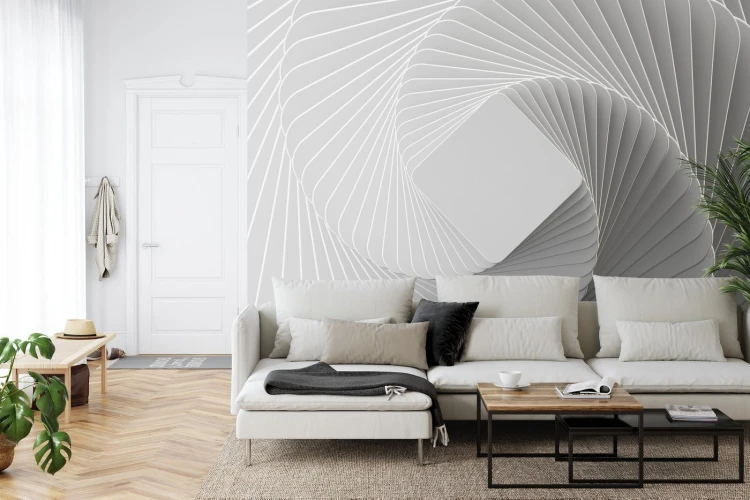 Fototapeta 3D Render  Abstract White Geometric Background  Minimal Flat Lay  Twisted Deck Of Square Blank Cards With Rounded Corners