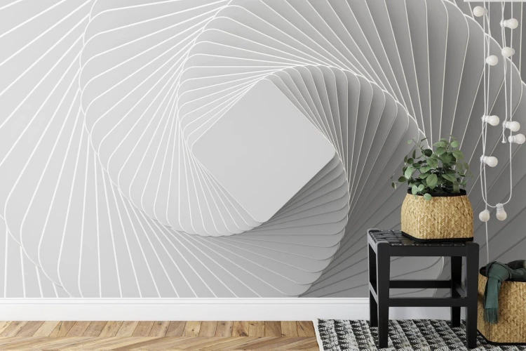 Fototapeta 3D Render  Abstract White Geometric Background  Minimal Flat Lay  Twisted Deck Of Square Blank Cards With Rounded Corners