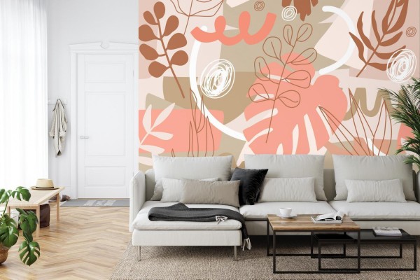 Fototapeta Contemporary Collage Seamless Pattern. Terracotta Abstract Shapes  Tropical Leaves And Continuous Line Of Leaf. Texture For Textile  Packaging  Wrapping Paper  Social Media Post Etc.