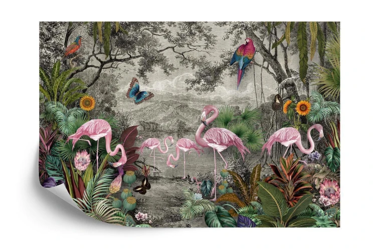 Fototapeta Wallpaper Jungle And Tropical Forest Banana Palm And Tropical Birds  Old Drawing