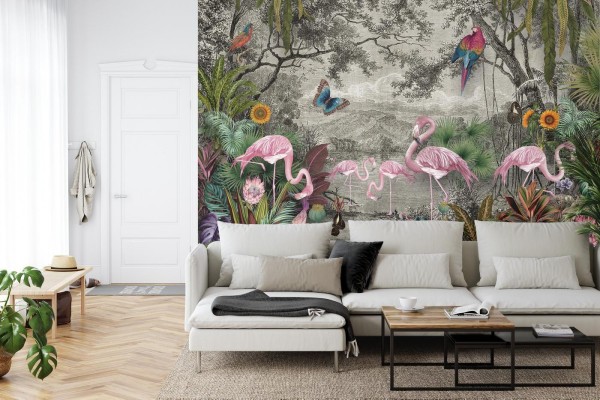 Fototapeta Wallpaper Jungle And Tropical Forest Banana Palm And Tropical Birds  Old Drawing