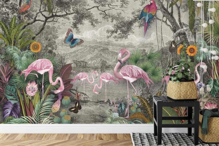 Fototapeta Wallpaper Jungle And Tropical Forest Banana Palm And Tropical Birds  Old Drawing
