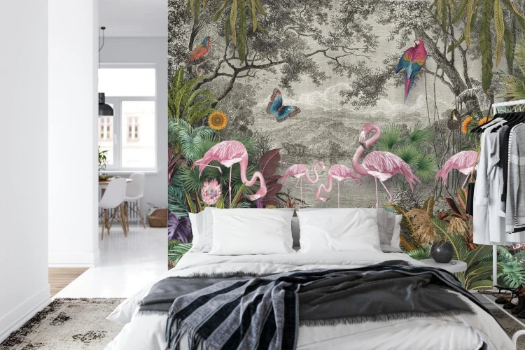 Fototapeta Wallpaper Jungle And Tropical Forest Banana Palm And Tropical Birds  Old Drawing