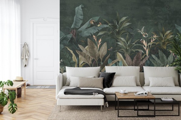 Fototapeta Wallpaper Palm Tropical Forest Vintage Jungle Pattern With Birds Dark Mood