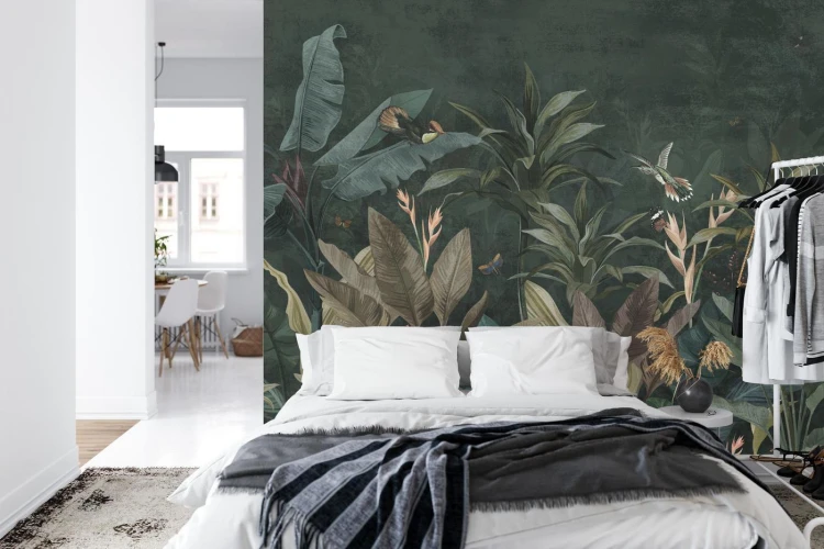 Fototapeta Wallpaper Palm Tropical Forest Vintage Jungle Pattern With Birds Dark Mood