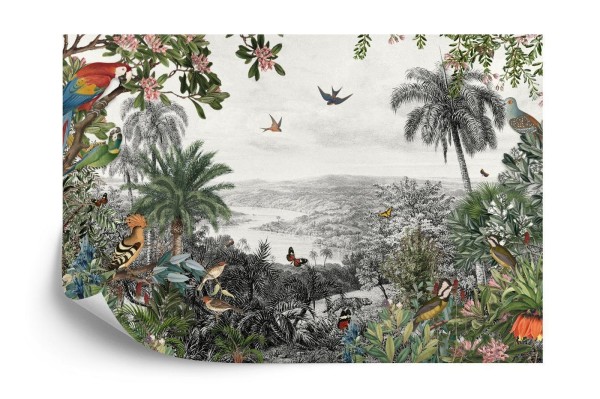 Fototapeta Tropical Jungle Wallpaper Palm Trees  Birds And Parrot In The River Land With Flying Butterflies