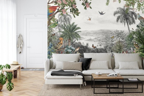 Fototapeta Tropical Jungle Wallpaper Palm Trees  Birds And Parrot In The River Land With Flying Butterflies