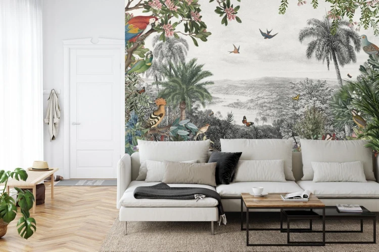 Fototapeta Tropical Jungle Wallpaper Palm Trees  Birds And Parrot In The River Land With Flying Butterflies