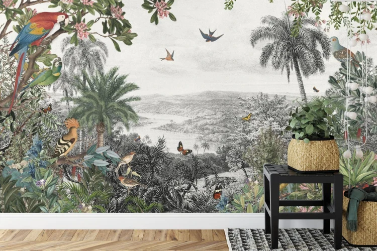 Fototapeta Tropical Jungle Wallpaper Palm Trees  Birds And Parrot In The River Land With Flying Butterflies