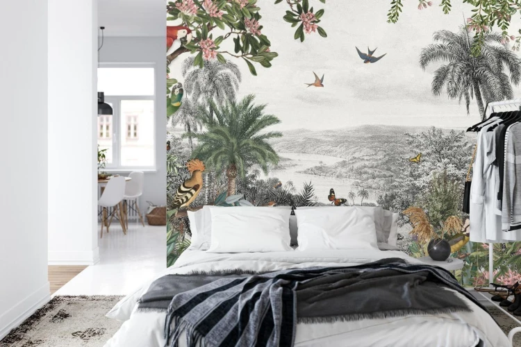 Fototapeta Tropical Jungle Wallpaper Palm Trees  Birds And Parrot In The River Land With Flying Butterflies
