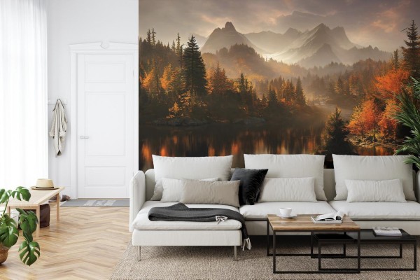 Fototapeta Ai Generated Image Of A Beautiful Landscape With Autumn Forest  A Lake And Hills