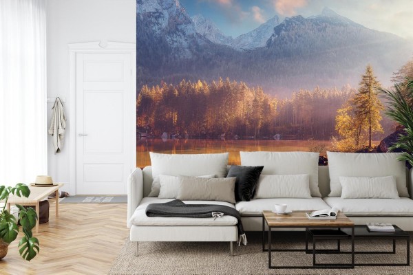 Fototapeta Awesome Nature Scenery. Beautiful Landscape With High Mountains With Illuminated Peaks  Stones In Mountain Lake  Reflection  Blue Sky And Yellow Sunlight In Sunrise. Amazing Nature Background.