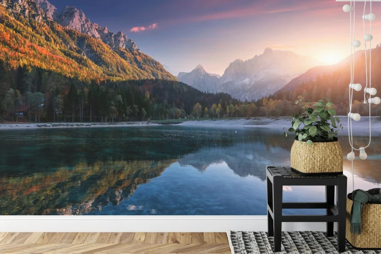 Fototapeta Incredible Nature Landscape. Amazing Lake Jasna With Of A Mirror Reflection. Stunning Vivid Nature Scenery Of Slovenia. Wild Nature Image. Concept Ideal Resting Place. Scenic Image In Autumn Time