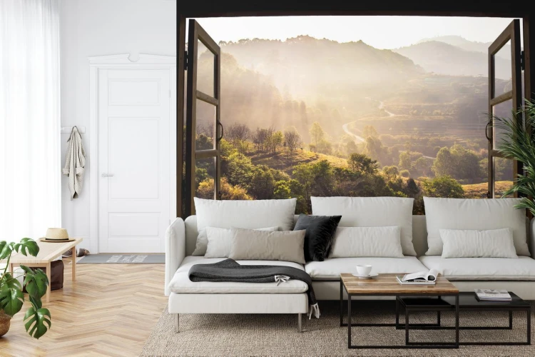 Fototapeta Landscape Nature View Background. View From Window At A Wonderful Landscape Nature View With Rice Terraces And Space For Your Text In Chiangmai  Thailand