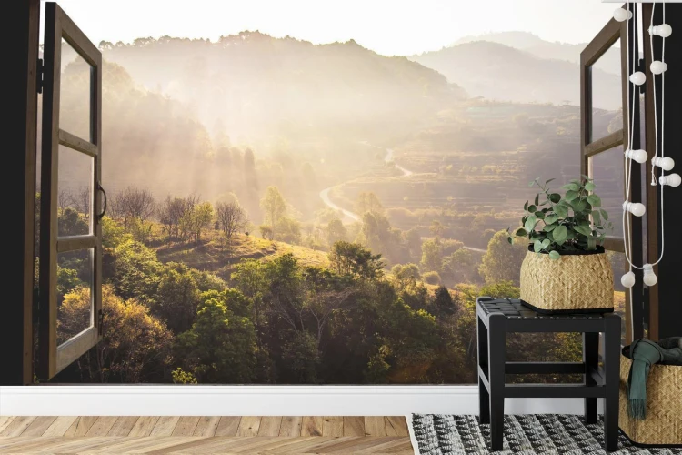 Fototapeta Landscape Nature View Background. View From Window At A Wonderful Landscape Nature View With Rice Terraces And Space For Your Text In Chiangmai  Thailand