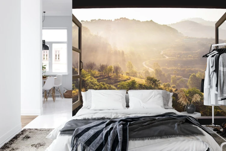 Fototapeta Landscape Nature View Background. View From Window At A Wonderful Landscape Nature View With Rice Terraces And Space For Your Text In Chiangmai  Thailand