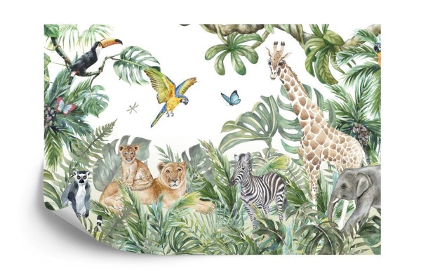 Fototapeta Children's Wallpaper  Watercolor Jungle And Animals. Lions  Giraffe  Elephant  Parrots  Zebra  Lemur
