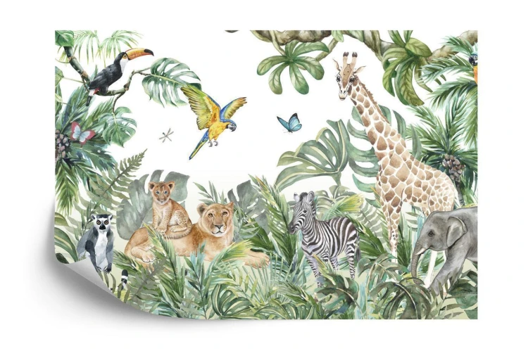 Fototapeta Children's Wallpaper  Watercolor Jungle And Animals. Lions  Giraffe  Elephant  Parrots  Zebra  Lemur